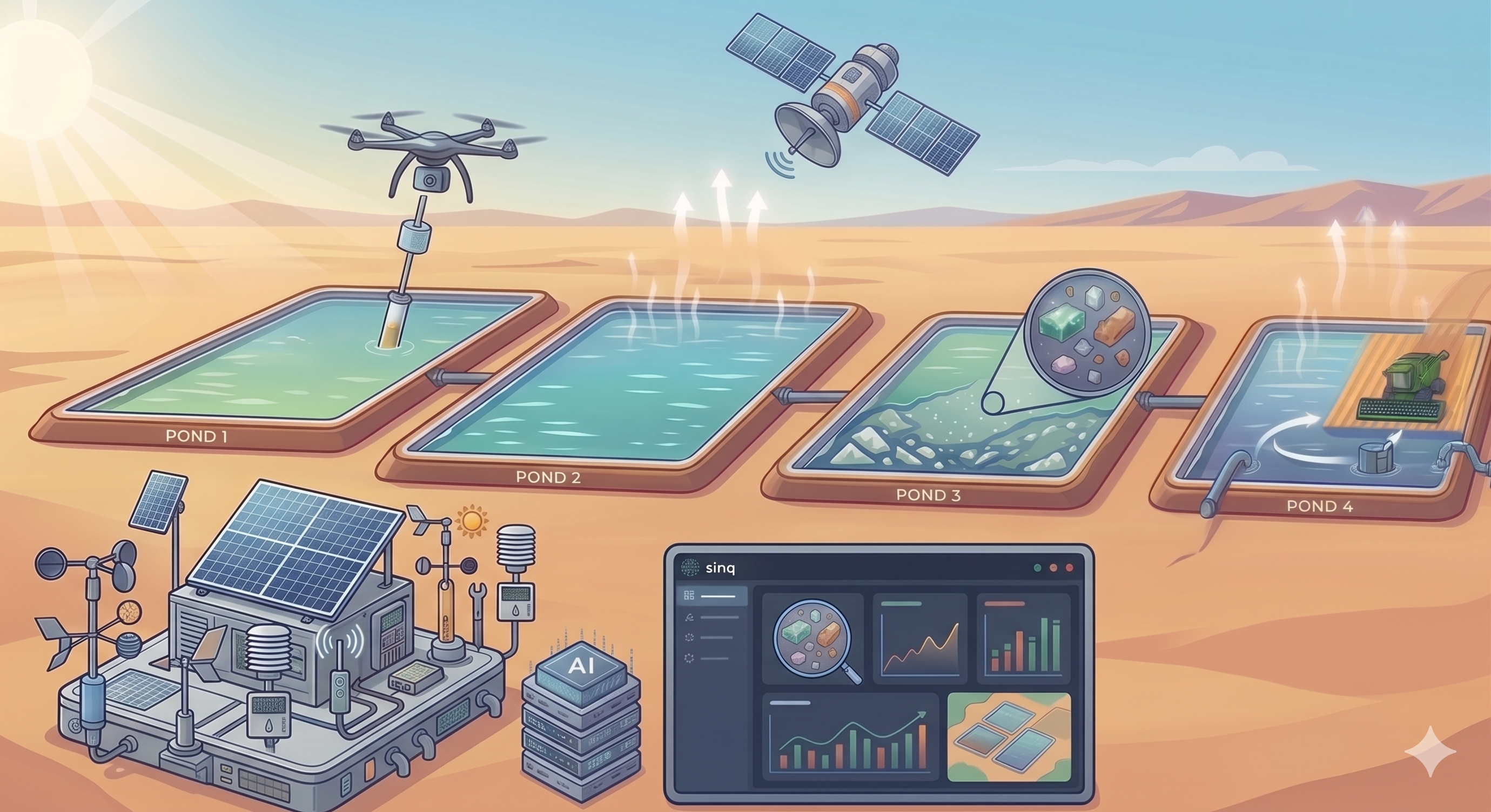 SINQ predictive engine infographic showing the flow from real-time brine sensing through AI modeling to operational guidance